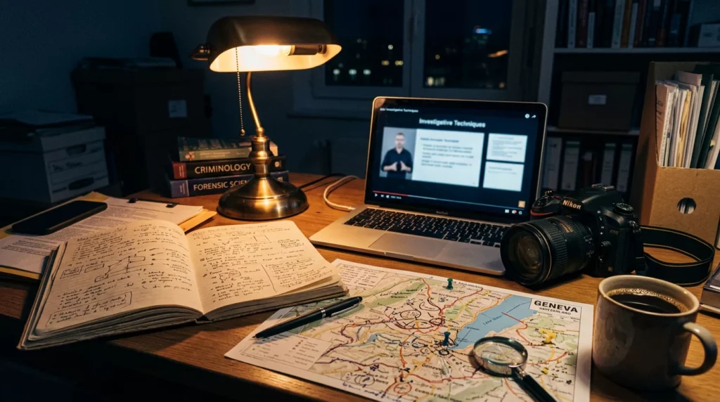 Bureau d’étude avec carnet, appareil photo et carte de Genève